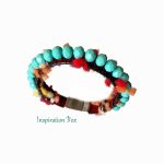 Bracelet red leather, mint beads, silver plated magnet clasp