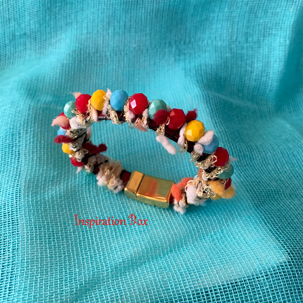 multi1 Bracelet red leather, multi color beads, gold plated magnet clasp - Image 1